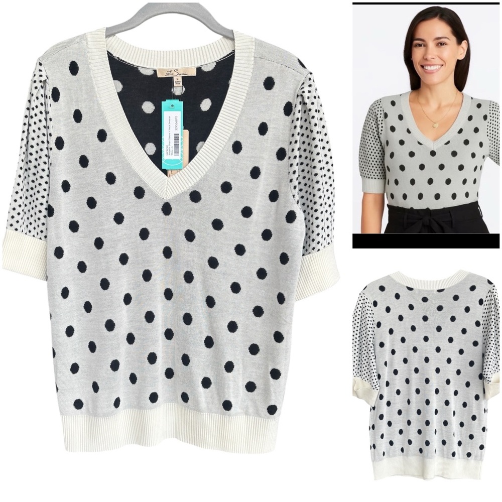 Les Serein Medellin V-neck Polka Dot Sweater Black and White